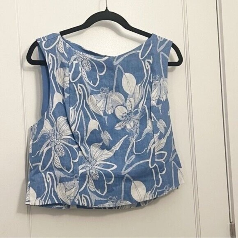 Reformation Blue White Floral Linen Two Piece Set Crop Top Mini Skirt | Size‎ 12 - Picture 2 of 12